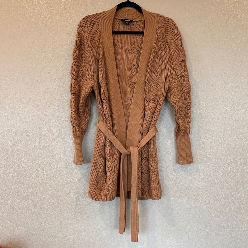 Express Womens Camel Brown Pointelle Knit Belted Open Front Cardigan Sweater M‎